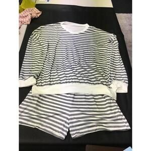 [239]Pajama Set Womens M Gray White Striped V Neck Long Sleeve Top Shorts Lounge